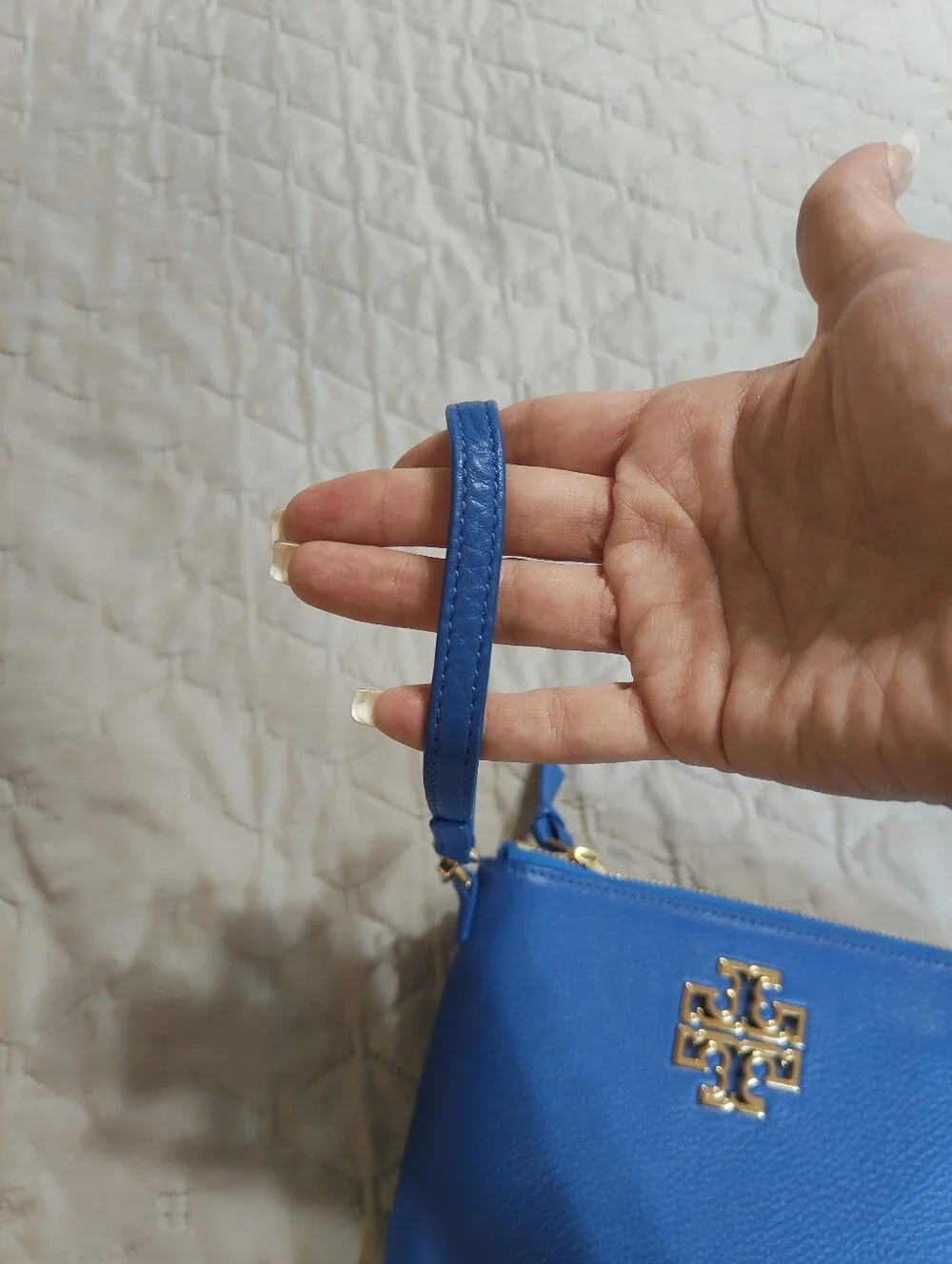 Tory Burch Blue Pebble Leather L-Zip Wristlet Wallet